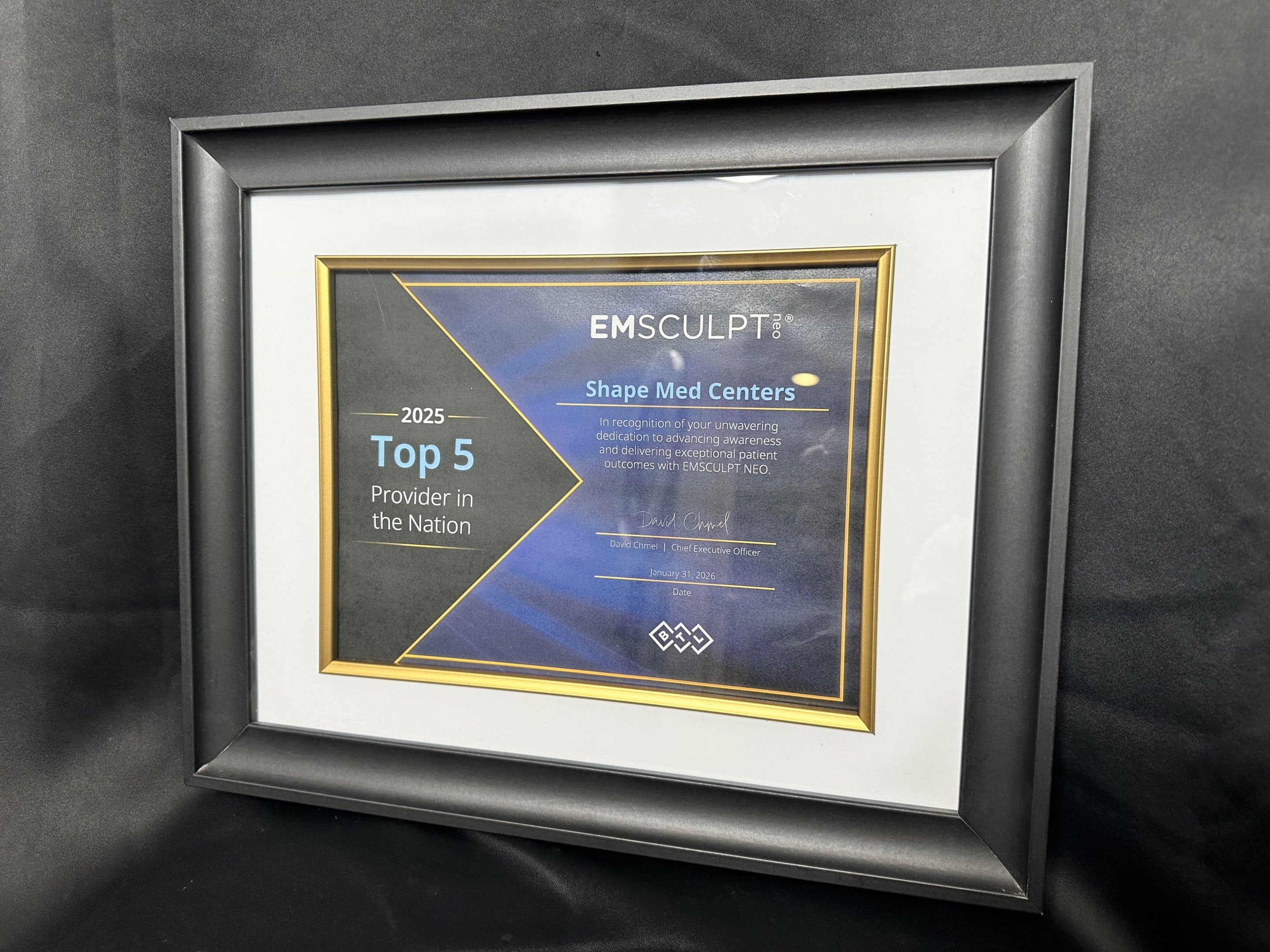 BTL Top 5 Emsculpt NEO Provider award presented to Shape Med Centers